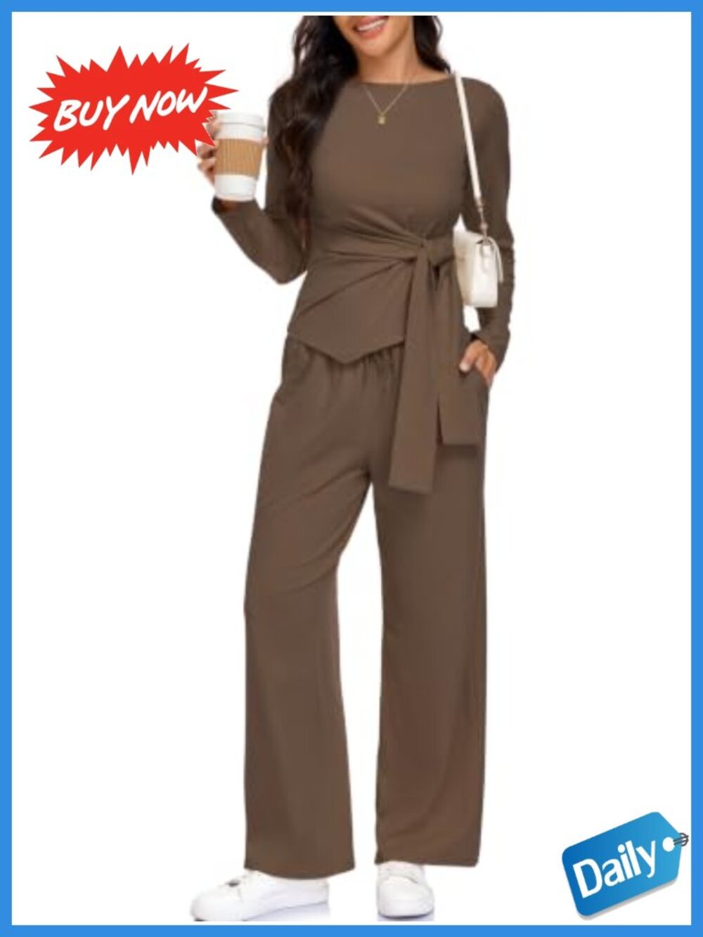 Womens 2 Piece Lounge Set Long Sleeve Tie Waist Top Wide Leg Pants